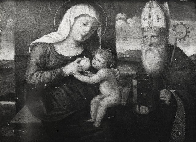 Anonimo — Anonimo veneziano - sec. XVI - Madonna con Bambino e santo vescovo — insieme